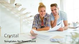  Presentation with meeting table - PPT theme enhanced with young successful economists in casualwear leaning over table while working with financial documents at meeting background and a light gray colored foreground