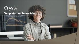  Presentation with data analyst - Presentation theme with young-successful-female-financial-analyst background and a gray colored foreground