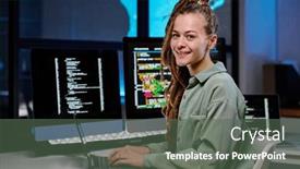  Presentation with computers - PPT theme featuring young-successful-female-programmer-looking background and a dark gray colored foreground