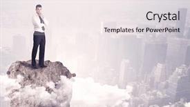  Presentation with cliff - Presentation design having young successful happy businessman standing confident on stone cliff in the clouds looking at the city scape from above concept background and a sky blue colored foreground