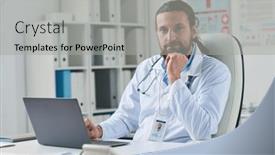  Presentation with medical laptop - Slide set with young-successful-male-clinician background and a light gray colored foreground