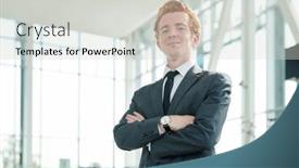  Presentation with customers - Cool new presentation design with young-successful-male-manager backdrop and a light gray colored foreground