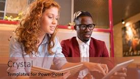  Presentation with multicultural - Cool new slide deck with young successful multicultural students or employees looking at touchpad display while one of them pointing at screen backdrop and a red colored foreground