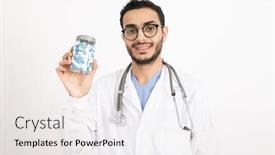  Presentation with physician - Slide set featuring young-successful-physician-in-whitecoat background and a white colored foreground