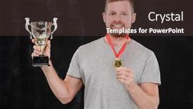  Presentation with silver cup - Slide set with young-successful-sportsman-showing background and a tawny brown colored foreground