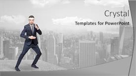  Presentation with metropolitan - Presentation theme having young suited karate trainer doing karate tricks on the top of a metropolitan city background and a white colored foreground