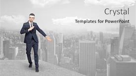  Presentation with metropolitan - Slides consisting of young suited karate trainer doing karate tricks on the top of a metropolitan city background and a white colored foreground