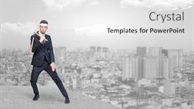  Presentation with metropolitan - Audience pleasing slide deck consisting of young suited karate trainer doing karate tricks on the top of a metropolitan city backdrop and a white colored foreground