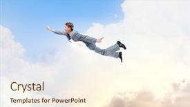  Presentation with flying - Beautiful PPT layouts featuring young super businessman flying high backdrop and a  colored foreground