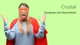  Presentation with wow - PPT theme having young super woman happy and surprised cheering expressing wow gesture background and a light gray colored foreground