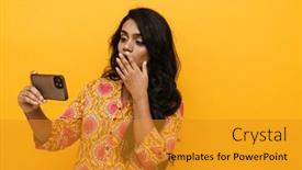  Presentation with indian woman - Presentation design having young-suprised-indian-woman-wearing background and a gold colored foreground