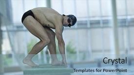  Presentation with win - Audience pleasing presentation consisting of young swimmer on swim start at swimming pool ready for jump race and win backdrop and a light blue colored foreground