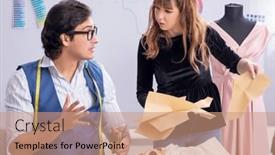  Presentation with workshop - Slides with young-tailors-working-in-workshop background and a coral colored foreground