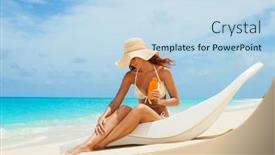  Presentation with skin - Presentation theme with young-tanned-woman-in-bikini background and a sky blue colored foreground