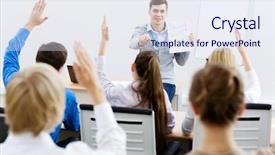  Presentation with classroom - PPT theme featuring young teacher in classroom standing background and a sky blue colored foreground