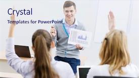  Presentation with classroom for agriculture - PPT theme having young teacher in classroom standing background and a  colored foreground