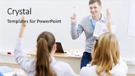  Presentation with teacher - PPT layouts enhanced with young teacher in classroom standing background and a sky blue colored foreground