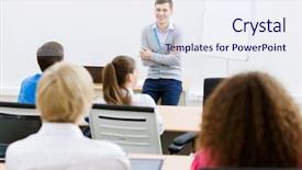  Presentation with future classroom - Amazing slide set having young teacher in classroom standing backdrop and a sky blue colored foreground