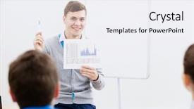  Presentation with classroom - Audience pleasing slide set consisting of young teacher in classroom standing backdrop and a  colored foreground
