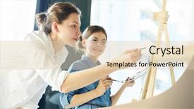  Presentation with teacher - Colorful slide deck enhanced with young teacher of arts pointing backdrop and a lemonade colored foreground