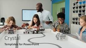  Presentation with new teacher - Presentation theme with young-teacher-of-robotics background and a light gray colored foreground