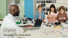  Presentation with robots - PPT theme consisting of young-teacher-of-robotics background and a soft green colored foreground