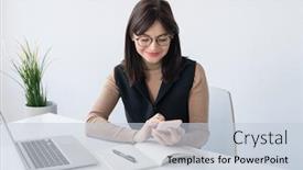  Presentation with front desk - PPT theme enhanced with young-teacher-or-businesswoman background and a lemonade colored foreground