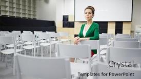  Presentation with lecture hall - Colorful presentation design enhanced with young-teacher-or-student-sitting backdrop and a light gray colored foreground
