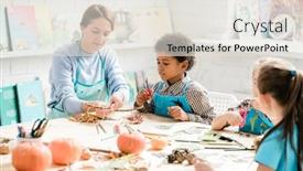  Presentation with bound - Colorful PPT theme enhanced with young teacher pointing at stick with several halloween decorations bound to it with threads while showing them to group of classmates backdrop and a sky blue colored foreground