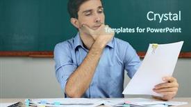  Presentation with classroom tests - Slide set with young teacher review tests background and a ocean colored foreground