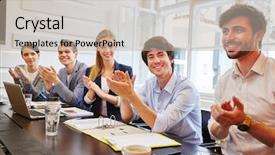  Presentation with team meeting - Presentation with young team applause in meeting background and a mint green colored foreground