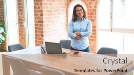 Presentation with woman leader - Slide set having young team leader business woman standing at the office with crossed arms proud boss of entrepreneur background and a coral colored foreground