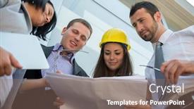  Presentation with team working together - Amazing presentation theme having young team of engineers working together backdrop and a violet colored foreground