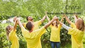  Presentation with team building - Colorful slide set enhanced with team spirit and team development backdrop and a yellow colored foreground