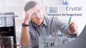  Presentation with computer workshop - Presentation design with young technician repairing computer in workshop background and a sky blue colored foreground