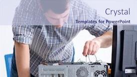  Presentation with computer workshop - Beautiful PPT theme featuring young technician repairing computer in workshop backdrop and a sky blue colored foreground