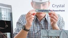  Presentation with computer workshop - Cool new PPT theme with young technician repairing computer in workshop backdrop and a sky blue colored foreground