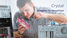  Presentation with computer workshop - Amazing slide set having young technician repairing computer in workshop backdrop and a sky blue colored foreground