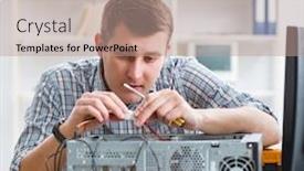  Presentation with computer workshop - Presentation theme consisting of young technician repairing computer in workshop background and a coral colored foreground