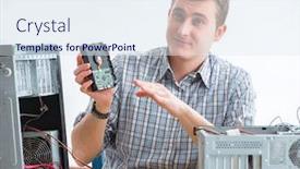  Presentation with computer workshop - Beautiful slide deck featuring young-technician-repairing-computer backdrop and a sky blue colored foreground