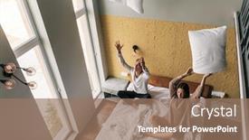  Presentation with bed hotel - Beautiful slide set featuring young teen girl and guy relaxing and playing with pillows on comfy bed in modern hotel room top view backdrop and a coral colored foreground