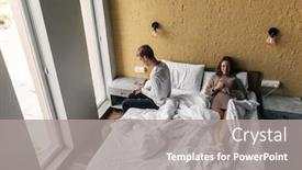  Presentation with smartphones - Presentation design with young teen girl and guy relaxing on comfy bed and using smartphones in modern hotel room background and a gray colored foreground