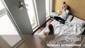  Presentation with bed hotel - Slide set having young teen girl and guy relaxing on comfy bed and looking at window in modern hotel room top view background and a violet colored foreground