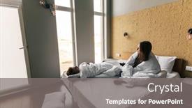  Presentation with bed hotel - Audience pleasing presentation design consisting of young teen girl and guy relaxing on comfy bed and looking at window in modern hotel room top view backdrop and a gray colored foreground