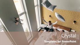  Presentation with bed hotel - Presentation theme featuring young teen girl and guy relaxing and playing with pillows on comfy bed in modern hotel room top view background and a coral colored foreground