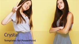  Presentation with emotions - PPT theme having emotions people teens and friendship concept - two beautiful young teen girl giving victory hand sign background and a yellow colored foreground