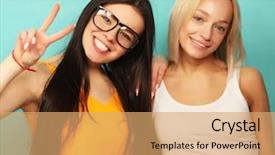  Presentation with emotions - Presentation featuring emotions people teens and friendship concept - two beautiful young teen girl giving victory hand sign background and a coral colored foreground