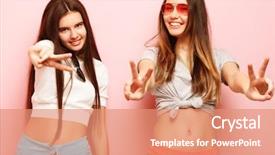 Presentation with emotions - Audience pleasing slide deck consisting of emotions people teens and friendship concept - two beautiful young teen girl giving victory hand sign backdrop and a coral colored foreground