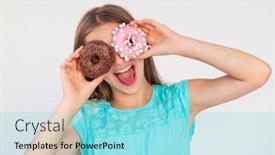  Presentation with donuts - Audience pleasing PPT theme consisting of young teen girl with a playful expression puts a donuts to her eyes backdrop and a arctic colored foreground