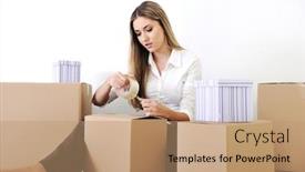  Presentation with luggage - Beautiful presentation design featuring young teen woman with her luggage and belongings moving home backdrop and a coral colored foreground